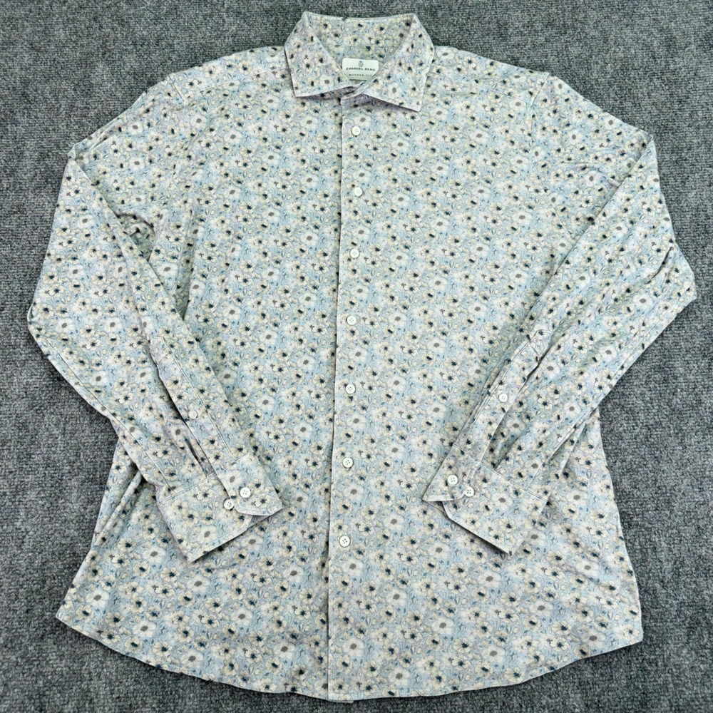 Emanuel Berg Shirt Men's L 16.5 Blue Beige Floral Modern Fit Button Up Polland
